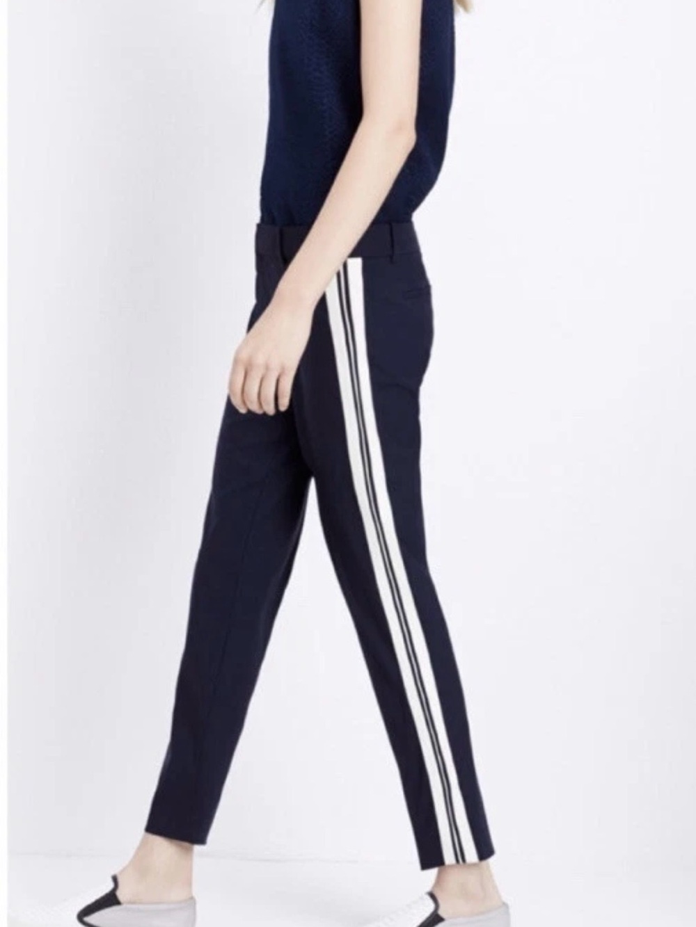 Vince Wool Navy Ankle Trousers with White Side Stripes